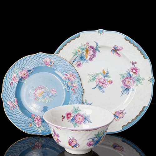 PANAOAHU Bone China Dinnerware Set, 12-Piece Vintage Floral Butterfly Plates and Bowls Set for 4, Fine Porcelain with Gold Trim, Dishwasher Safe Complete Tableware Set by PANAOAHU - Used condition - Image 8
