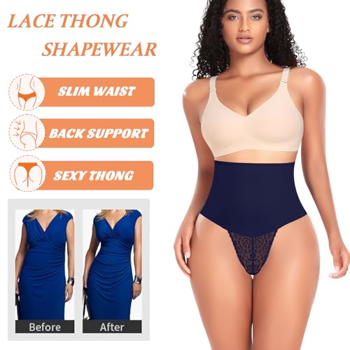 Image of Werena Tummy Control Thong Shapewear for Women Mid High Waisted Body Shaper Underwear Lace Shaping Thong Girdle Panties