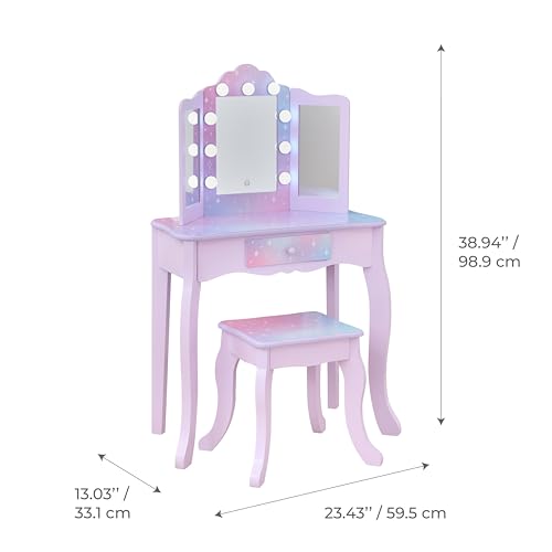 Image of Teamson Kids Gisele Medium Vanity with Stool, Purple, Ages 3+ | Stardust Print, LED Lights & Touch Sensor Mirror, Storage Drawer, Pretend Play, Elegant Dressing Table Set