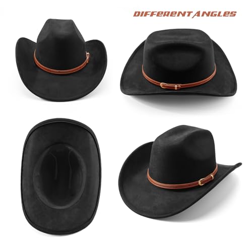 Image of DRESHOW Cowboy Hat for Women and Men Wide Brim Western Cowboy Cowgirl Hat with Belt Buckle Unisex Rolled up Caps