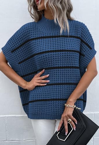 Image of Viottiset Womens Oversized Short Batwing Sleeve Mock Neck Sweater Vest Fall Sleeveless Pullover Knit Sweaters