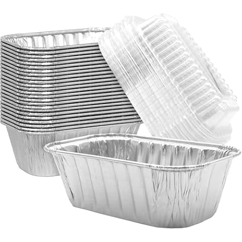 Avant Grub Baking Pan Chef-Grade Quality Extra Thick BPA-Free 6 x 3.75in Tin Loaf Pans w/Lids 25 Pk. Best Disposable Bakeable 1Lb Aluminum Foil Pan for Baking Bread, Small Meatloaf, Lemon Bundt Cake. Cover