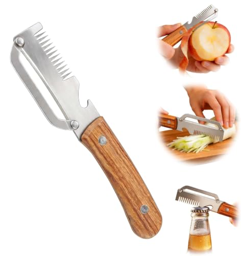 Image of 3-in-1 Multifunctional Vegetable Peeler, Stainless Steel Kitchen Peeler with Real Wooden Handle, Scallion Shredder & Bottle Opener, Upgraded Wide-Tooth & Sharp Peeling Blade Designs