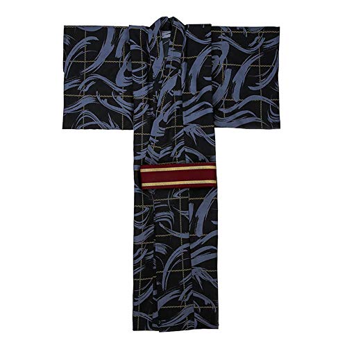 Men's Japanese Traditional Kimono Robe Long Sleeve Spa Bathrobe Easy Wearing Yukata Sleepwear Nightgown Unisex OBI Belt Set (One Size, 814# Black)