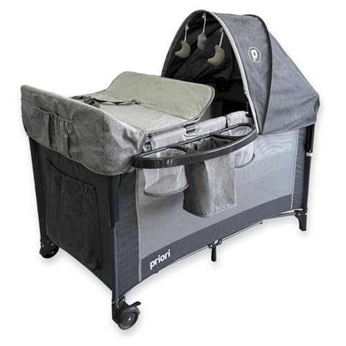 Priori Baby Halley Cuna Colecho Convertible 2 en 1 para Bebé – Portátil con Cambiador, Toldo y Juguetes, Regulable en Altura con Malla Transpirable Ruedas con Freno y Colchón Suave, Hasta 15 kg (Gris)