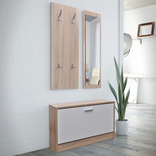 HaoChrymec Armoire à Chaussures 3 en 1 avec Miroir Intégré, Meuble à Chaussures avec Porte-Manteau, Range Chaussures, Porte Chaussures, Apto pour Entrée,...