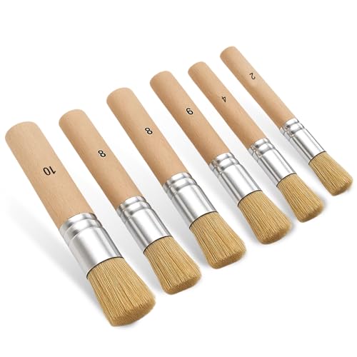 Lot de 6 pinceaux ronds pour pochoir en bois de qualité supérieure - Pinceau de peinture rond en poils naturels - Pour peinture acrylique, huile, aquarelle, craie,...