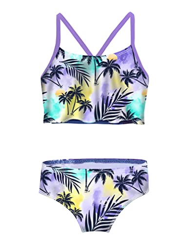 easyforever Kids Girls Two Piece Tropical Palm Printed Tankini Swimsuit Crop Top with Bottom Bikini Outfit Swimwear