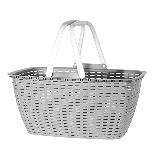 hibuy Gisi Shopping Basket with Folding Handles Sturdy Plastic Basket with Wicker Look 43 x 32 x 22 cm Grey