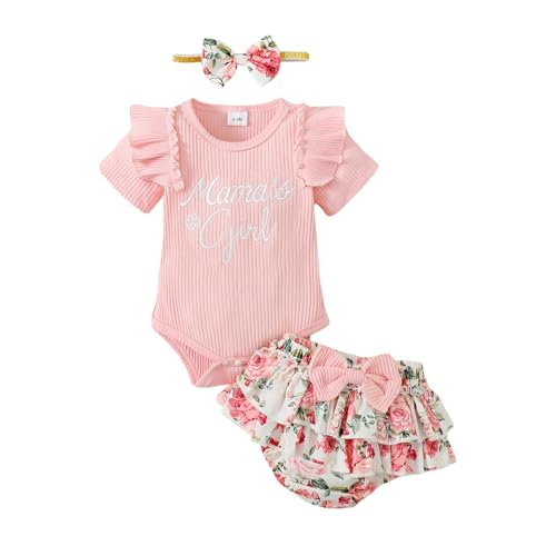 Image of Kaipiclos Newborn Baby Girl Mamas Girl Outfit Short Sleeve Letter Romper Ruffled Floral Shorts 3Pcs Cute Summer Clothes Set