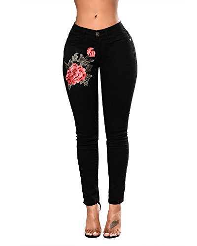 Anyu Mujer Pantalones Vaquero Skinny Push Up Pantalones Elástico Jeans Bordados Vaqueros Negro S