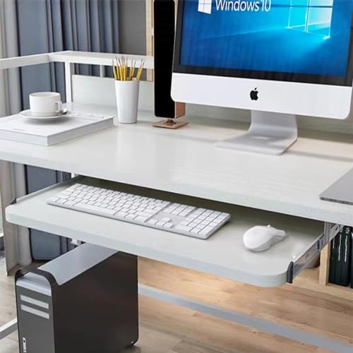 人間工学に基づいたスライド式キーボードトレイ - 28インチ x 11インチの引き出し式デスク下用コンピューター用引き出し、木製マウスホルダー、省スペース設計、ホワイト仕上げ