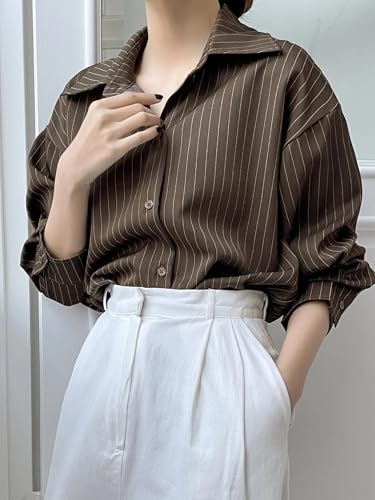 Image of GRECIILOOKS Striped Shirt for Women | Korean Style Full Sleeve Oversized Button Down Shirts | Tops for Women | Shirt for Woman | Plus Size Top for Office & Casual Outfit