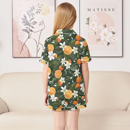 ALAZA Floral Orange Fruit Satin Pajamas Set Short Sleeve Button Down Sleepwear Summer Pjs 2 Piece4