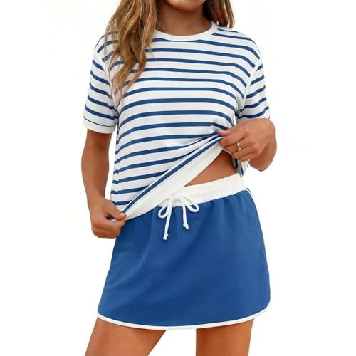 Marvmys Women 2 Piece Skorts Sets Short Sleeve Color Block Tshirt and Skorts Matching Going Out Summer Tracksuit with Pockets Large Blue Stripe