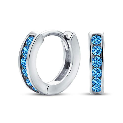 London Blue Cubic Zirconia CZ Channel Set Small Huggie Hoop Earrings For Women Simulated Topaz .925 Sterling Silver