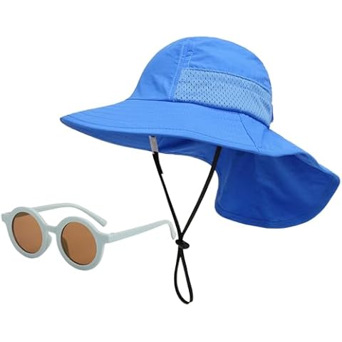 Baby Sun Hat with Sunglasses Boys Girls Wide Brim Neck Flap Beach Hat Summer UPF 50+ Protection Caps for Kids 6M-6T Royal Blue Cover