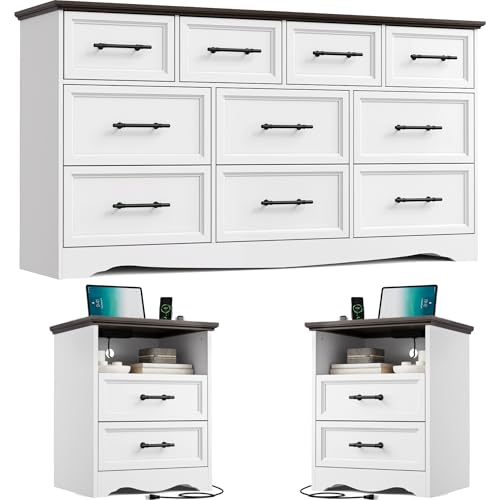 Harpaq Bedroom Set, 3 Pieces Bedroom Furniture Set, Wood 10 Drawer Dresser and Nightstands with Charging Station, Farmhouse Storage Organizer Cabinet for Bedroom, White