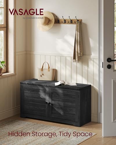 Image of VASAGLE Shoe Storage Bench with Cushion, 3-Tier Entryway Bench with Padded Seat, Doors, Adjustable Shelves, 14 x 39.8 x 20.7 Inches, for Hallway, Bedroom, Charcoal Gray and Ink Black ULSB044B01