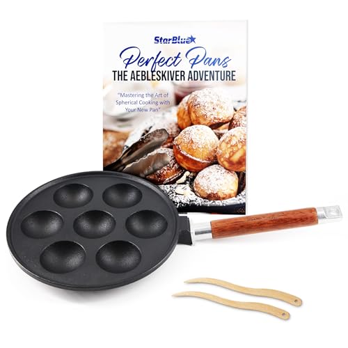 StarBlue 7-Hole Cast Iron Aebleskiver Pan Detachable Wooden Handle Pre-Seasoned Aebleskiver Sticks and Recipe Book Included