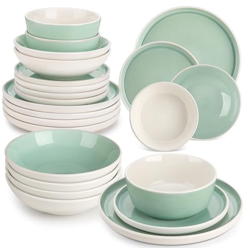 vancasso ELBA Vajillas Completas 6 Personas, Vajillas Completas 24 Piezas Platos de Gres, Juego de Platos Para 6 Personas - 6 Platos Llanos, 6 Platos de Postre, 6 Cuencos Para Pasta y 6 Cuencos, Verde
