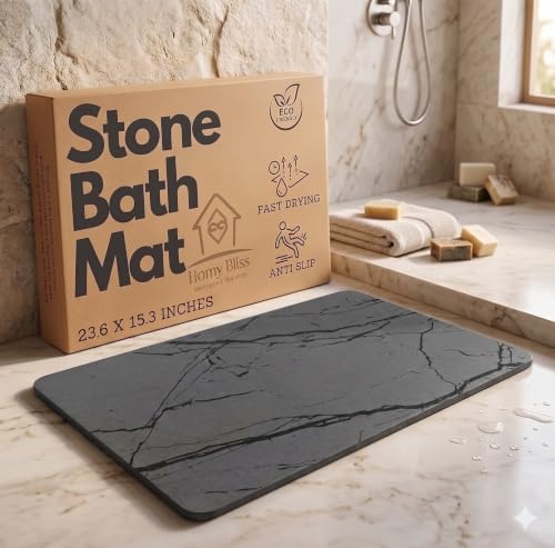 Stone Bath Mat Quick Drying Diatomaceous Earth Bath Mat Non Slip Shower Mat Super Absorbent Stone Bath Mats for Bathroom, Floor, Kitchen Counter, Easy to Clean (23.6” X 15.3”, Graphite Grey)