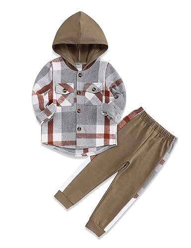 Image of Fuermos Toddler Baby Boys Clothes Flannel Lattice Button Down Hooded Tops +Pants Boys Fall Winter Outfits