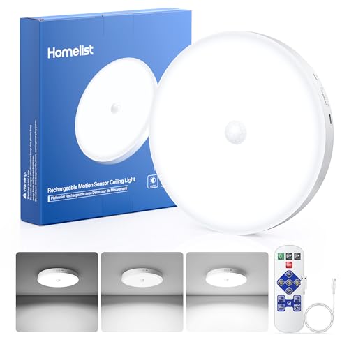 Homelist Akku Deckenleuchte mit Bewegungsmelder 12000mAh Batterie Deckenlampe Dimmmbare Akku Deckenlampe Badezimmer mit Fernbedienung für Flur Garage Schuppen Dachboden Senioren Kinder 1 Stück
