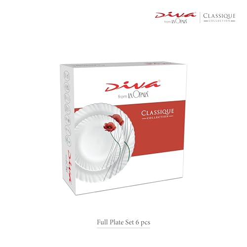 Image of La Opala Diva Classique Collection Opal Glass Crockery | Full Plate Set of 6 | Blue Mystique Design | for Dining & Gifting | Microwave Safe | 100% Vegetarian | Extra Strong | Super Light & White