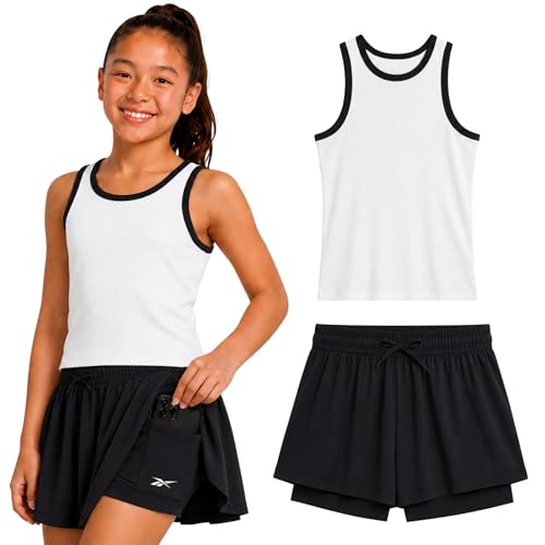 Image of Reebok Girls 2-Piece Short Set - Sleeveless Tank Top & Butterfly Shorts | Soft Cotton Feel, Stretchy Elastic Waist, Flowy Athletic Fit for Gym, Play & Everyday Wear