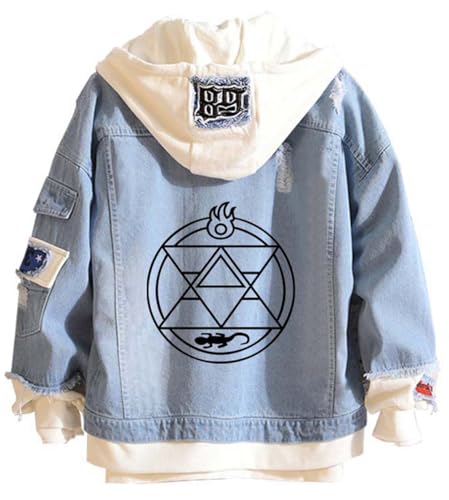 Adult Edward Elric Costume Fullmetal Alchemist Cosplay Hoodies Halloween Couples Hooded Denim Coat Jacket (Blue 2 Large)
