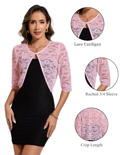 Image of MINTLIMIT Women's Elegant Floral Lace Shrug Bolero Summer Lightweight 3 /4 Sleeve Hook Open Front Cropped Cardigan for Dresses