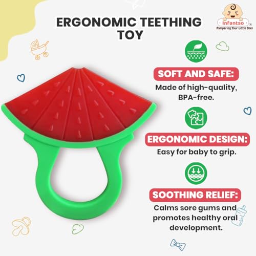 Image of Infantso Non-Toxic Food-Grade Soft Silicone Baby Teether, BPA-Free for Pain-Relief Easy Teething, Teether for 2+ Months Babies (Watermelon)
