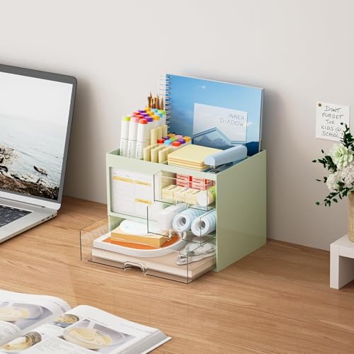 Image of UCRAVO GREEN Desk Organizer and Storage with 3 Drawers, Multi-Functional Desktop Organizer, 8 Compartments Pencil Pen Holder for Office, Home, School & Art Supplies