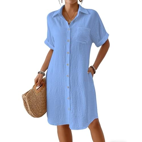 Bsubseach Womens Swimsuit Coverup Long Button Down Bathing Suit Cover Ups Short Sleeve Summer Beach Shirt Dress with Pockets Blue X-Large