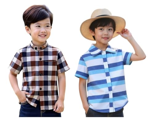 Image of Boys Short Sleeve Button Down Shirts, Plaid and Striped Pattern, Cotton Casual Tops, Pack of 2