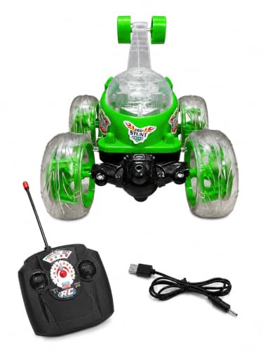 Image of Rechargeable 360 RC Stunt Car for Kids | Double-Sided High-Speed Remote Control Car with LED Lights | Rechargeable Battery Type C Charging (Green)