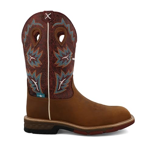 Image of Twisted X Men's 12 inch Western Work Boot, Square Toe Nano Toe with CellStretch, Tan & Burgundy, 9 D