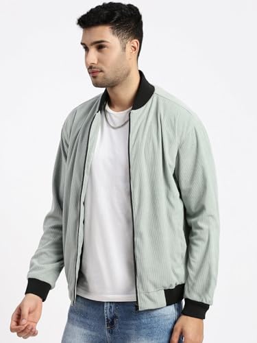 Image of SHOWOFFFF Men Solid Bomber Jacket | Mandarin Collar Full Sleeves Corduroy Jacket for Mens | Slim Fit Regular Length Jacket for Men's