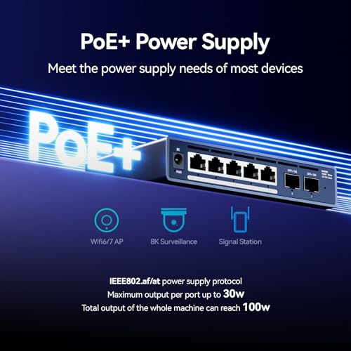 Image of 7 Port Switch, 5 Port 2.5G PoE Switch, 2 Port 10G SFP+, IEEE802.3af /at, Total Power Supply 100W, Maximum Power per Port 30W, unmanaged, Plug and Play, Compatible with 100 /1000 /2500Mbps, fanless