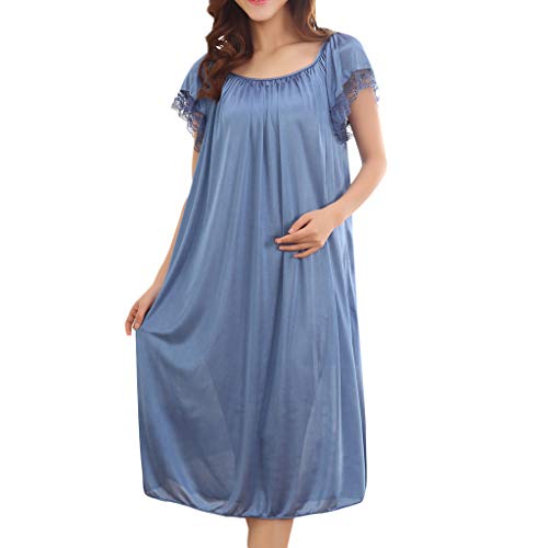 Camisón de manga corta de seda – Vestido largo de noche para mujer, de seda de hielo, cómodo, ligero, suave, ropa de casa, suelto, talla grande, camisón de manga larga, azul, Talla única
