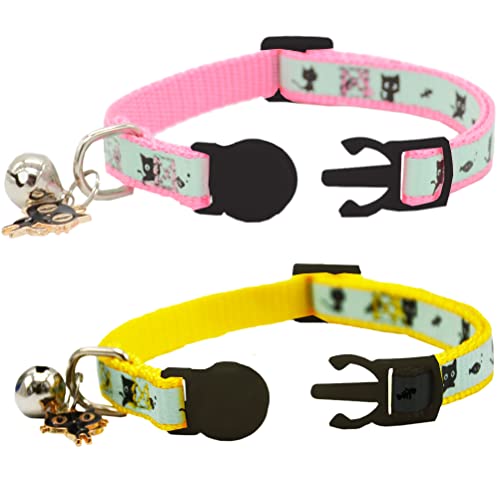 Image of 2 Pack Glow in The Dark Cat Collar with Bell Breakaway Safety Cat Puppy Collars with Pendant Yellow and Pink