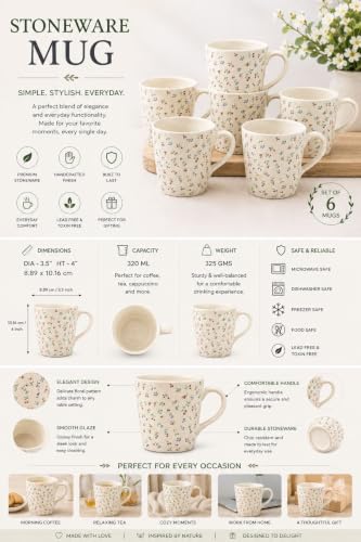 Image of miah decor Ceramic Tea Cups Set of 6-320ml, Decal Handmade Stoneware