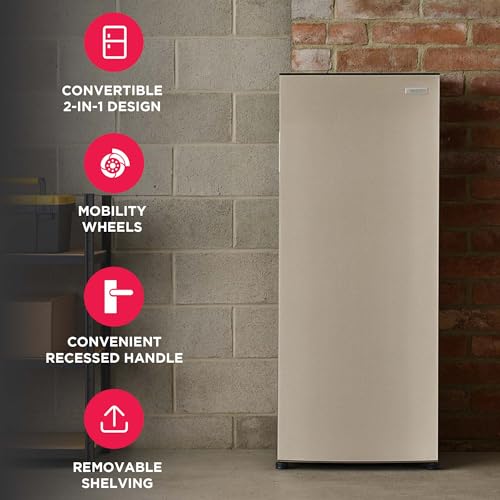 Image of Frigidaire 10 Cu. Ft. Upright Convertible Fridge /Freezer, Reversible Door, Removable Glass Shelves, Adjustable Controls, Platinum Finish