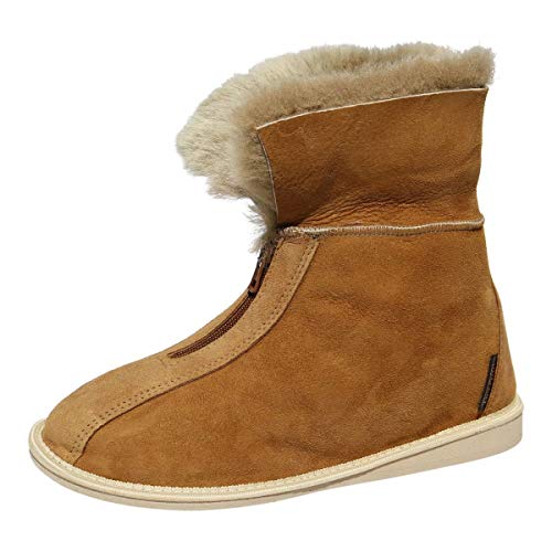 Damen & Herren Lammfell Hausschuhe Alaska Cognac Fellschuhe mit Reißverschluss 100% Merino Schaffell für Wohlgefühl - warm, atmungsaktiv Schuhgröße 40 Cover
