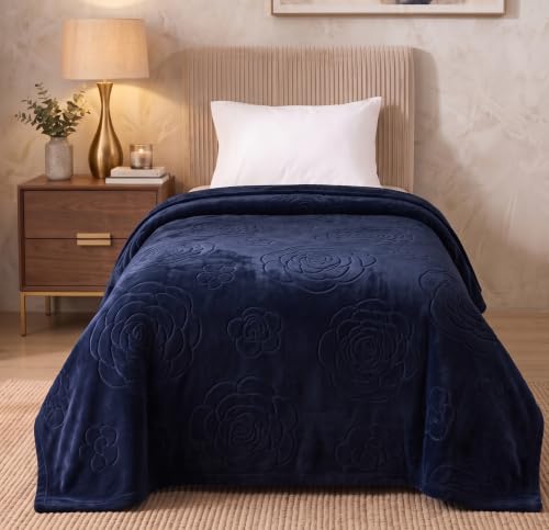 Image of BSB HOME 280 GSM Micromink Blanket, Premium Soft Warm Cozy Winter Blanket, Plush Double Bed Blanket, Ultra Soft Comfortable Bedding, Embossed Floral Design, 40 x 80 Inches (103 x 205 cm) - Deep Teal