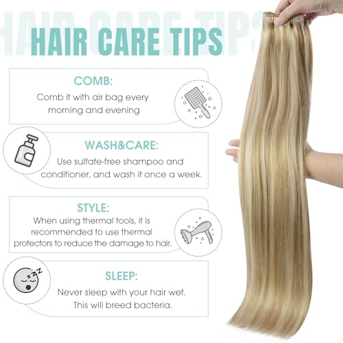 Image of YoungSee Blonde Clip in Hair Extensions Honey Blonde Highlights Human Hair Clip in Extensions Strawberry Blond Clips in Human Hair Extensions for Woman 12inch 85g