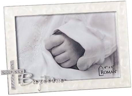 Baptism Script With Jewel Tone Cross Swirled Ivory 7.25 x 5 Zinc Photo Frame
