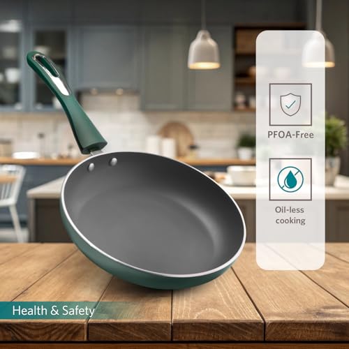 Image of VAYA Hautechef Non-Stick Frypan 24cm, Has Non Stick Coating, 3-Layer ILAG Swiss Coating, PFOA-Free, Induction Friendly, with Soft-Touch Matching Handle, Color - Green