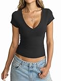 EasyGala Womens Deep V Neck Short Sleeve Shirts Sexy Slim Fit Crop Tops Basic Tees Going Out Summer Outfits Black Small